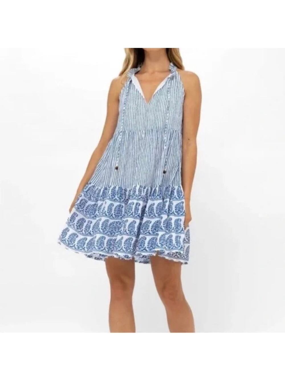 Calypso St. Barth Dress Womens Medium Blue White Cotton Tiered Resort Tropical